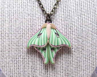 Seconds Sale - Luna Moth Pendant Necklace, Green Purple Beige, Polymer Clay, Realistic Nature Jewelry, Unique Womens Gift, Bug Lover Gift