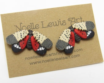 Spotted Lanternfly Stud Earrings, Beige Black Red, Polymer Clay, Realistic Nature Jewelry, Unique Women Gift, Gardener Gift, Entomologist