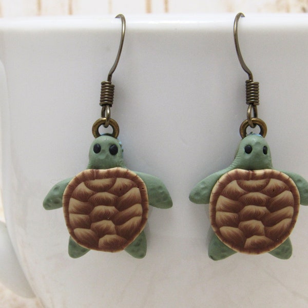 Sea Turtle Dangle Earrings, Green & Brown, Polymer Clay, Cute Animal Jewelry, Summer Beach, Unique Women Gift, Ocean Wildlife