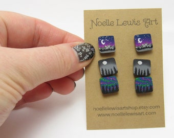 Night Sky Stud Earring Set, Tree Mountain Landscape, Galaxy Aurora, Blue Purple Gray, Polymer Clay Cane, Unique Womens Gift, Outdoorsy