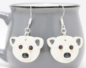 Polar Bear Dangle Earrings in White Polymer Clay