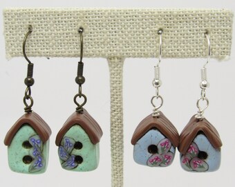 Birdhouse Dangle Earrings, Blue or Green, Polymer Clay, Floral Spring Jewelry, Mini Miniature, Unique Womens Gift, Bird Birder Gift