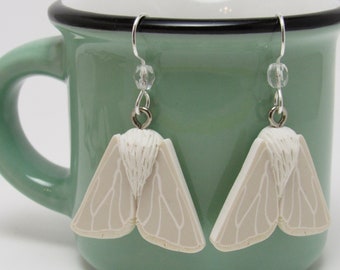 White Moth Dangle Earrings, Polymer Clay, Nature Jewelry, Unique Womens Gift, Bug Lover Gift, Satin Spring Moth, Entomologist