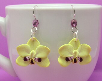 Orchid Flower Dangle Earrings, Yellow White Purple, Polymer Clay Cane, Floral Nature Jewelry, Unique Womens Gift, Phalaenopsis Moth Orchid