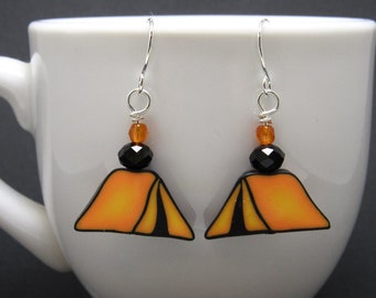 Beaded Tent Dangle Earrings, Black & Orange, Polymer Clay Cane, Unique Women's Gift, Camper Gift, Nature Themed, Outdoorsy Gift