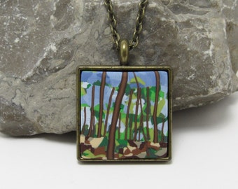 Forest Scene Necklace, Tree Landscape Pendant, Blue Green Brown, Polymer Clay, Nature Jewelry, Art Jewelry, Womens Outdoors Gift