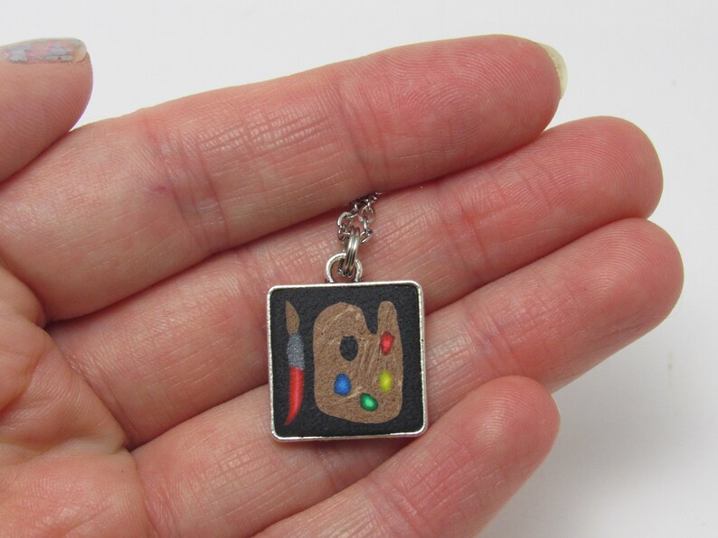 Painter's Palette Necklace, Black & Multi, Square Pendant, Polymer Clay Cane, Art Jewelry, Artist Gift, Teacher Gift, Unique Women's Gift image 5