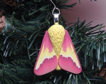 Rosy Maple Moth Ornament, Christmas Tree Decoration, Pink Yellow, Polymer Clay, Unique Womens Gift, Nature Inspired, Entomologist Gift