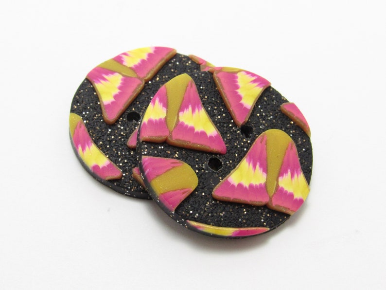 Rosy Maple Moth Buttons, Pink Yellow Black, Polymer Clay, Handmade Buttons, Sewing Supply, Focal Accent, Nature Inspired, Bug Lover Gift image 1