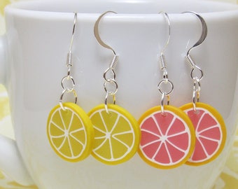 Citrus Dangle Earrings, Lemon or Grapefruit, Fruit Slice, Yellow Pink, Summer Jewelry, Polymer Clay Cane, Food Jewelry, Unique Womens Gift