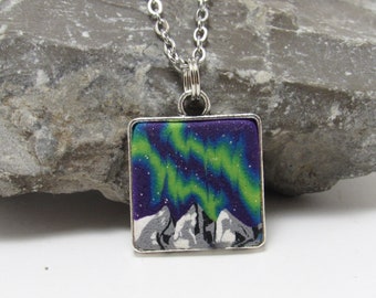 Mini Northern Lights Pendant Necklace, Night Sky & Mountains, Green Purple, Polymer Clay, Landscape Scene, Art Jewelry, Unique Women's Gift