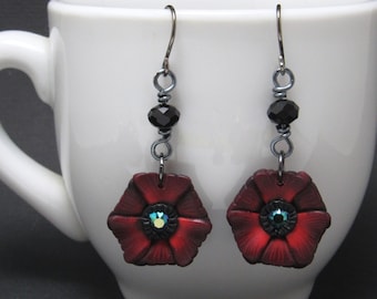 Poppy Dangle Earrings, Flower Earrings, Red Green & Black, Polymer Clay, Floral Nature Jewelry, Unique Womens Gift, Bridesmaid Gift