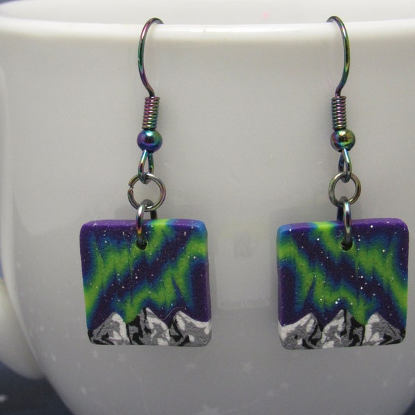 Northern Lights Dangle Earrings, Aurora Borealis, Green Purple Mountain Landscape, Polymer Clay, Nature Art Jewelry, Unique Women Gift