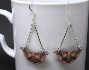 Polyphemus Moth Dangle Earrings, Brown Black Pink, Polymer Clay, Realistic Nature Jewelry, Unique Women's Gift, Bug Lover Gift, Entomologist