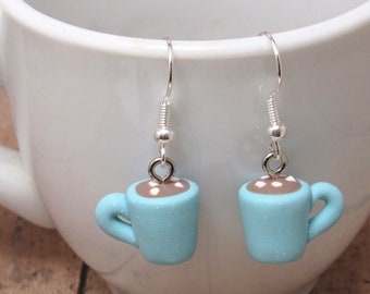 Hot Chocolate Dangle Earrings, Aqua Blue, Mugs with Marshmallows, Polymer Clay, Hand Sculpted, Mini Food Jewelry, Unique Womens Gift