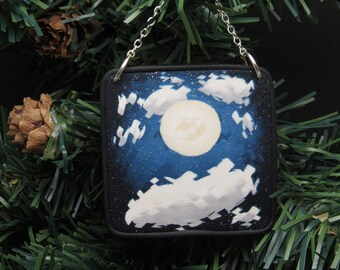 Moonlit Clouds Ornament, Christmas Decoration, Night Sky Scene, Blue White, Polymer Clay, Original Art, Unique Gift, Celestial