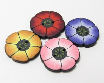 Multi Poppy Flower Buttons, Red Pink Purple Yellow, Polymer Clay Cane, Accent Button, Sewing Supply, Knit Crochet Supplies, Button Set