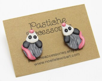 Opossum Stud Earrings, Possum Posts, Black White Gray & Pink, Polymer Clay, Nature Inspired, Wildlife Jewelry, Unique Womens Gift