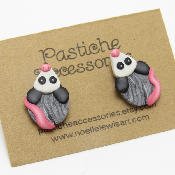 Opossum Stud Earrings, Possum Posts, Black White Gray & Pink, Polymer Clay, Nature Inspired, Wildlife Jewelry, Unique Womens Gift