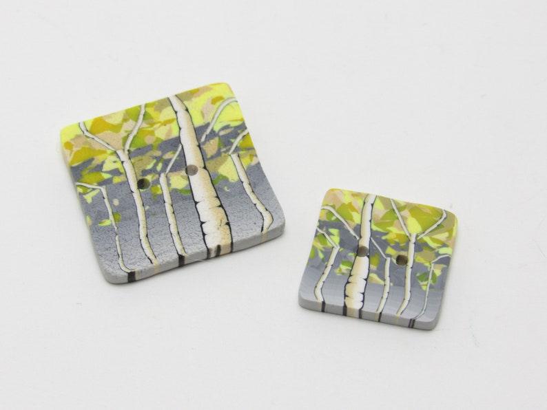 Aspen Tree Buttons, Forest Landscape, Yellow Gray, Polymer Clay, Handmade Accent Button, Sewing Supply, Knit Crochet Gift, Birch Tree Scene image 2