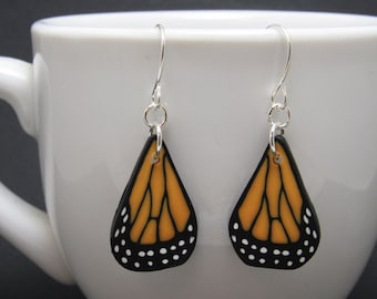 Monarch Butterfly Wing Dangle Earrings, Black White & Orange, Polymer Clay, Nature Jewelry, Unique Women Gift, Bug Lover Gift