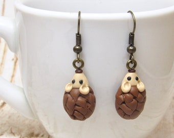 Hedgehog Dangle Earrings, Brown & Tan, Polymer Clay, Cute Miniature, Woodland Animal, Nature Jewelry, Unique Womens Gift