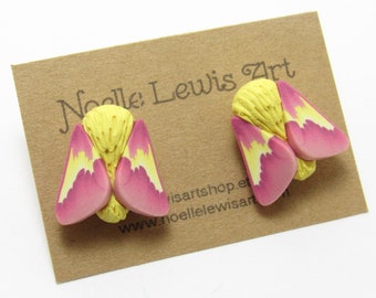Rosy Maple Moth Stud Earrings, Pink & Yellow, Polymer Clay, Realistic Nature Jewelry, Unique Women's Gift, Bug Lover Gift, Small Posts