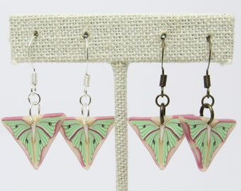 Simple Luna Moth Dangle Earrings, Green Pink Purple Beige, Polymer Clay, Nature Jewelry, Unique Women's Gift, Bug Lover Gift, Entomologist