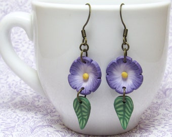 Violet Dangle Earrings, Purple Flower Earrings, Polymer Clay Cane, Floral Jewelry, Nature Inspired, Unique Womens Gift, Boho Style Earrings