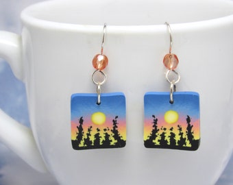Tree Sunrise Dangle Earrings, Landscape Silhouette Scene, Blue Pink Yellow, Polymer Clay, Beaded Art Jewelry, Unique Women's Gift