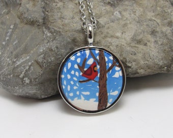 Seconds Sale - Cardinal Pendant Necklace, Bird in a Tree, Winter Snow Scene, Red White Blue, Polymer Clay Cane, Unique Women's Gift