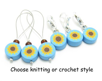 Sunflower Stitch Markers, Set of Three or Six, Blue Yellow Brown, Polymer Clay, Handmade Supply, Floral, Knit Crochet Gift
