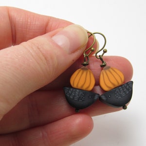 Pumpkin Crow Dangle Earrings, Orange & Black, Autumn Fall Jewelry, Polymer Clay Cane, Unique Womens Gift, Lightweight Earrings image 3