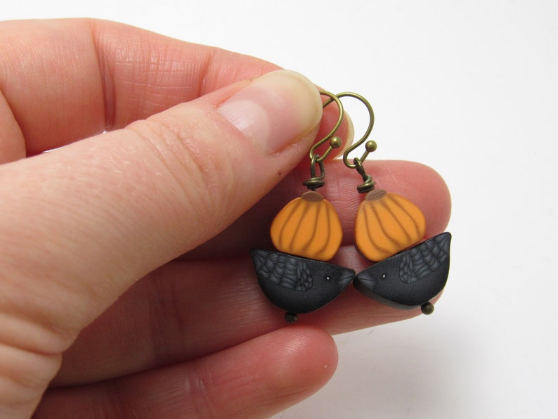 Pumpkin Crow Dangle Earrings, Orange & Black, Autumn Fall Jewelry, Polymer Clay Cane, Unique Womens Gift, Lightweight Earrings image 3