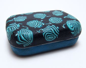 Yarn Ball Stitch Marker Case, Black Teal, Polymer Clay Cane, Repurposed Mint Tin, Craft Supply Storage, Cute Organizer, Unique Knitter Gift