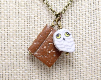 Book Pendant Necklace with Owl Charm in Polymer Clay