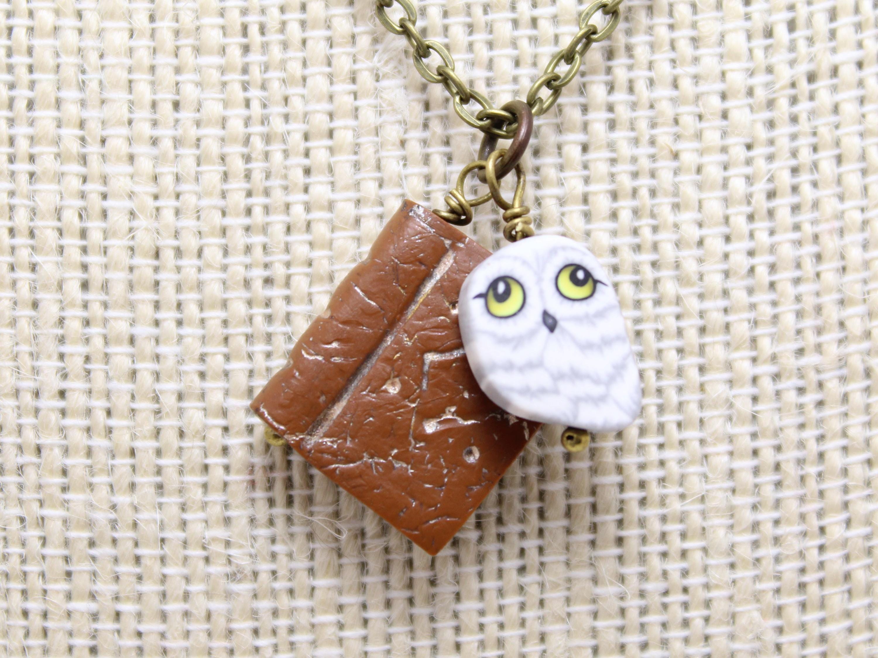 Book Pendant Necklace with Owl Charm in Polymer Clay
