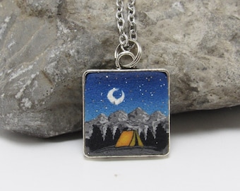 Camping Scene Pendant Necklace, Mountain Tree Landscape, Blue Gray Orange, Starry Night Sky, Polymer Clay, Unique Women's Gift, Outdoorsy