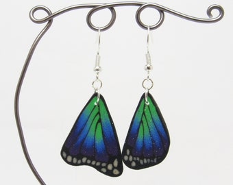 Aurora Butterfly Wing Dangle Earrings, Green & Purple, Polymer Clay Cane, Teen Girl Gift, Glitter Space Jewelry, Northern Lights
