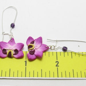 Orchid Dangle Earrings, Magenta Flower Earrings, Polymer Clay Cane, Floral Nature Jewelry, Unique Womens Gift, Phalaenopsis Moth Orchid image 4