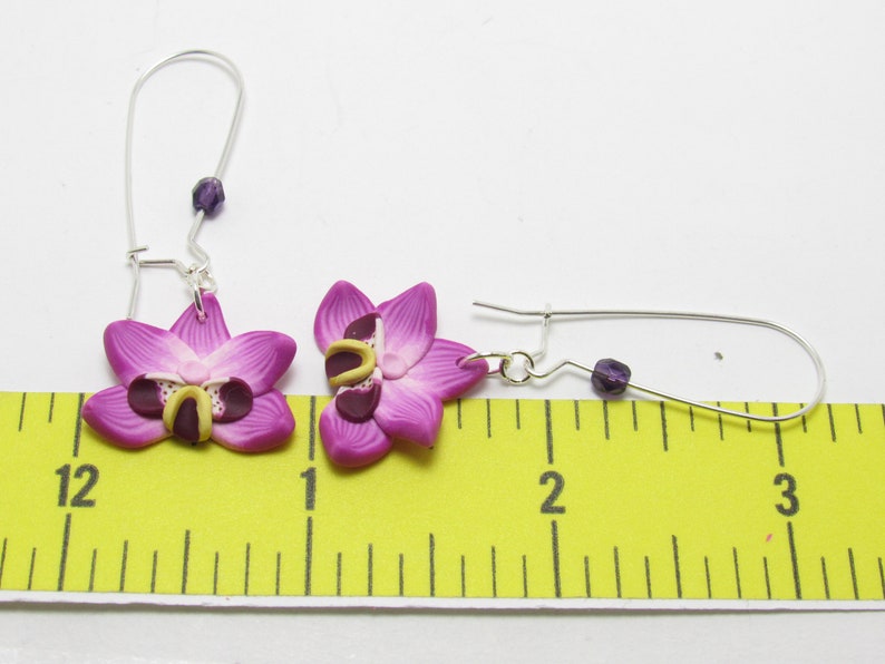 Orchid Dangle Earrings, Magenta Flower Earrings, Polymer Clay Cane, Floral Nature Jewelry, Unique Womens Gift, Phalaenopsis Moth Orchid image 4