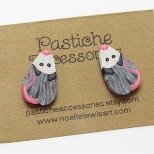 Simple Opossum Stud Earrings, Possum Posts, Black White Gray & Pink, Polymer Clay, Nature Inspired, Wildlife Jewelry, Unique Womens Gift image 1