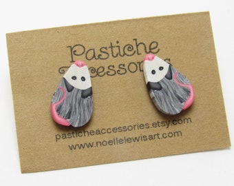 Simple Opossum Stud Earrings, Possum Posts, Black White Gray & Pink, Polymer Clay, Nature Inspired, Wildlife Jewelry, Unique Womens Gift