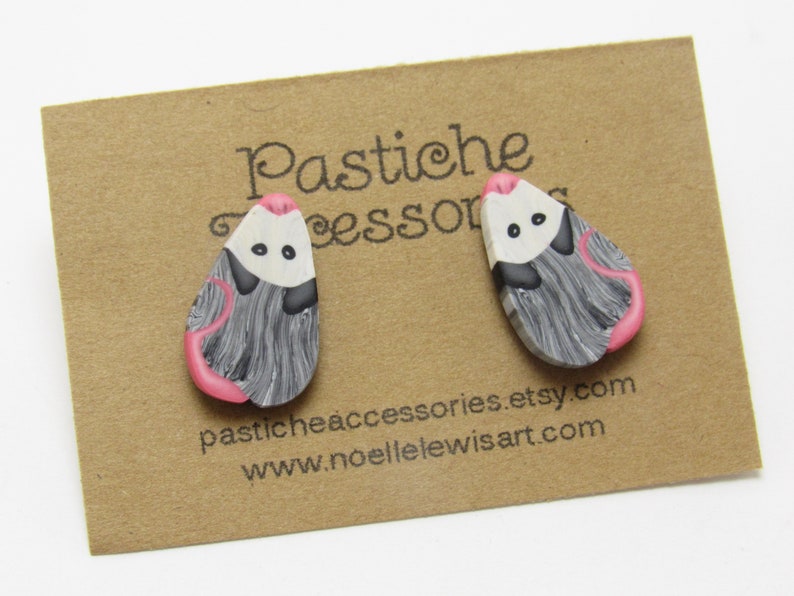 Simple Opossum Stud Earrings, Possum Posts, Black White Gray & Pink, Polymer Clay, Nature Inspired, Wildlife Jewelry, Unique Womens Gift image 1