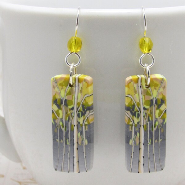 Aspen Tree Earrings, Birch Dangle Earrings, Yellow & Gray, Polymer Clay, Nature Inspired, Landscape Scene, Art Jewelry, Womens Gift