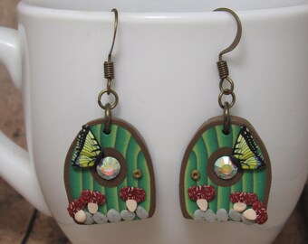 Fairy Door Dangle Earrings, Fantasy Jewelry, Mushroom Faerie Garden, Green Yellow Red, Polymer Clay, Unique Womens Gift, Teen Girl Present