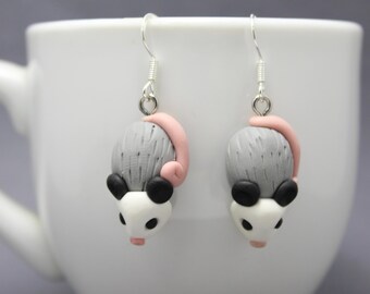 Hand Sculpted Polymer Clay Opossum Earrings in Gray and White