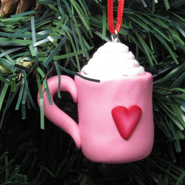 Valentine Koffie Cup Ornament, Red Velvet Mocha, Roze & Wit, Boom Decoratie, Polymeer Klei, Hand Gebeeldhouwd, Unieke Womens Gift, Romantisch