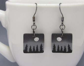 Moonlit Trees Dangle Earrings, Winter Night, Landscape Scene, Black & Gray, Polymer Clay, Autumn Fall, Nature Art Jewelry, Unique Women Gift