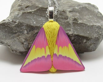 Bright Rosy Maple Moth Pendant, Yellow Pink, Polymer Clay, Realistic Nature Jewelry, Unique Womens Gift, Bug Lover Gift, Entomologist Gift